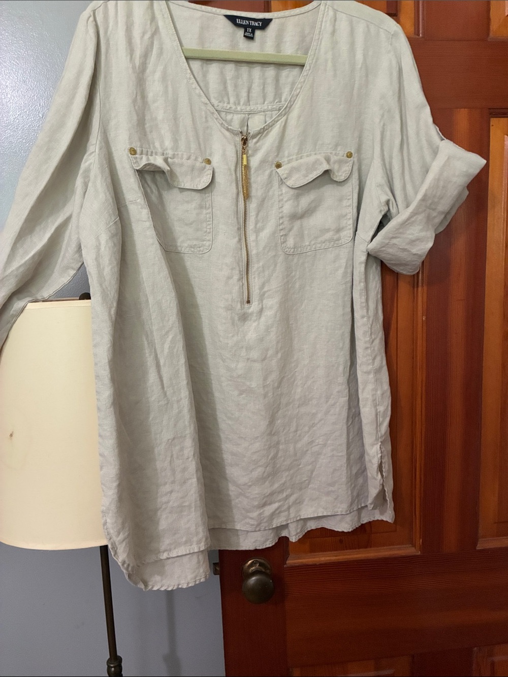 Ellen Tracy Light Cream Linen Zip-Front Tunic